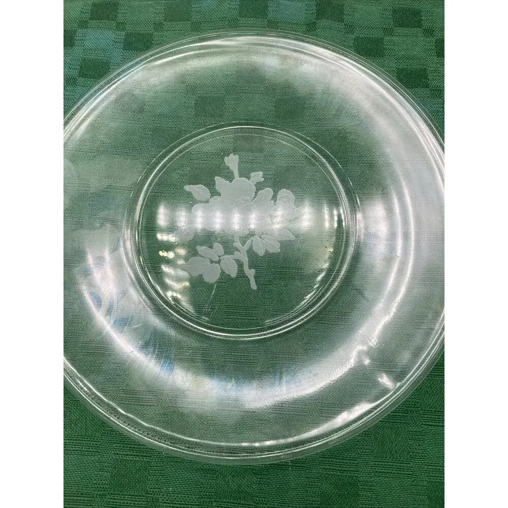 8” Clear Glass Dessert Plate Etched Floral Design Bottom